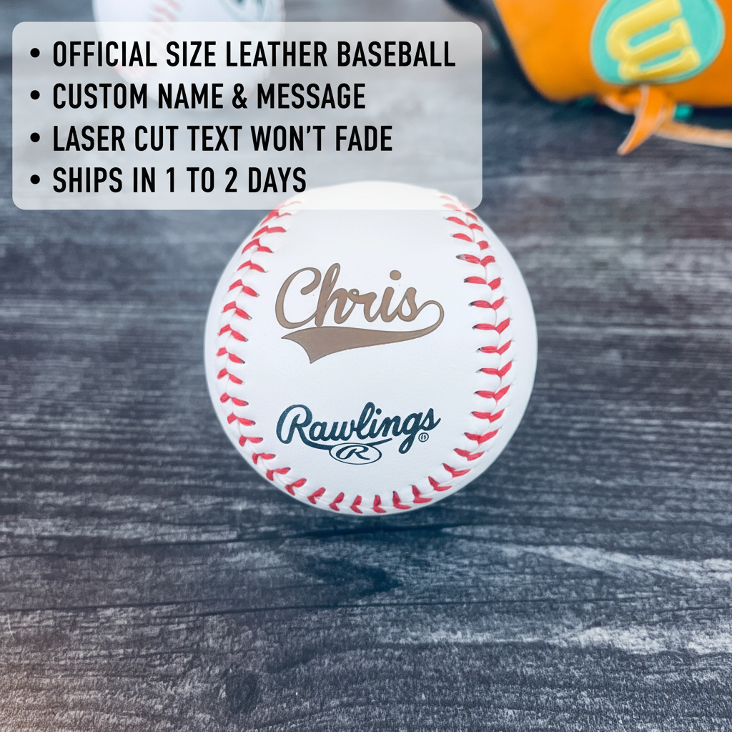 Official-size leather baseball with a sample 'Chris' script engraving above a Rawlings logo on a wood plank surface with a glove in the background