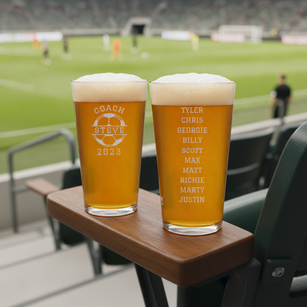 Two engraved pint glasses with beer at a soccer stadium; left glass shows "Coach Steve" with soccer ball and 2023, right glass displays sample player names in vertical text