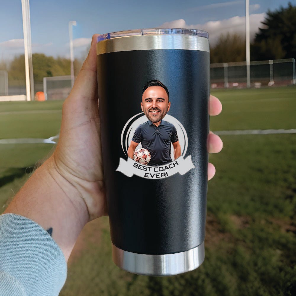 Personalized soccer coach game day tumbler, a 20oz stainless steel tumbler with a soccer design and a spill-proof lid, made as a thank-you gift for the coach