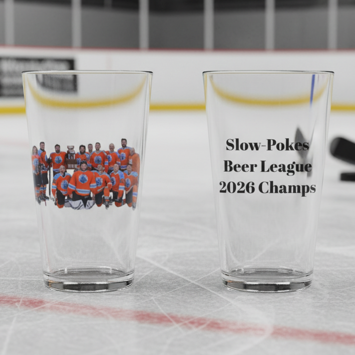 Pair of pint glasses on ice rink featuring team photo on left glass and sample text "Slow-Pokes Beer League 2026 Champs" on right glass