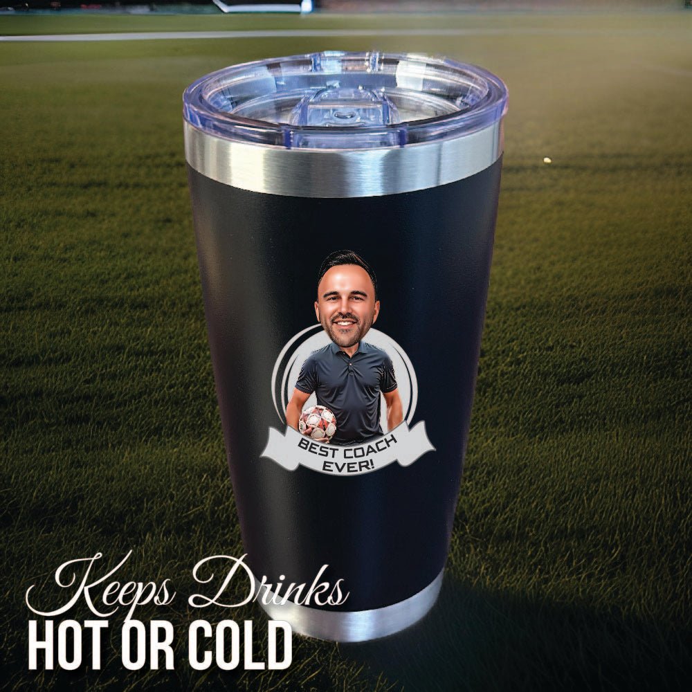 Personalized soccer coach game day tumbler, a 20oz stainless steel tumbler with a soccer design and a spill-proof lid, made as a thank-you gift for the coach