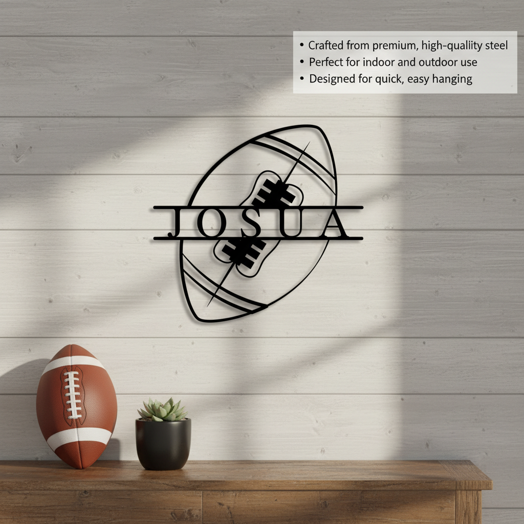 Steel football wall sign personalized with sample name "JOSHUA" and laces design, mounted on white shiplap wall above wooden shelf