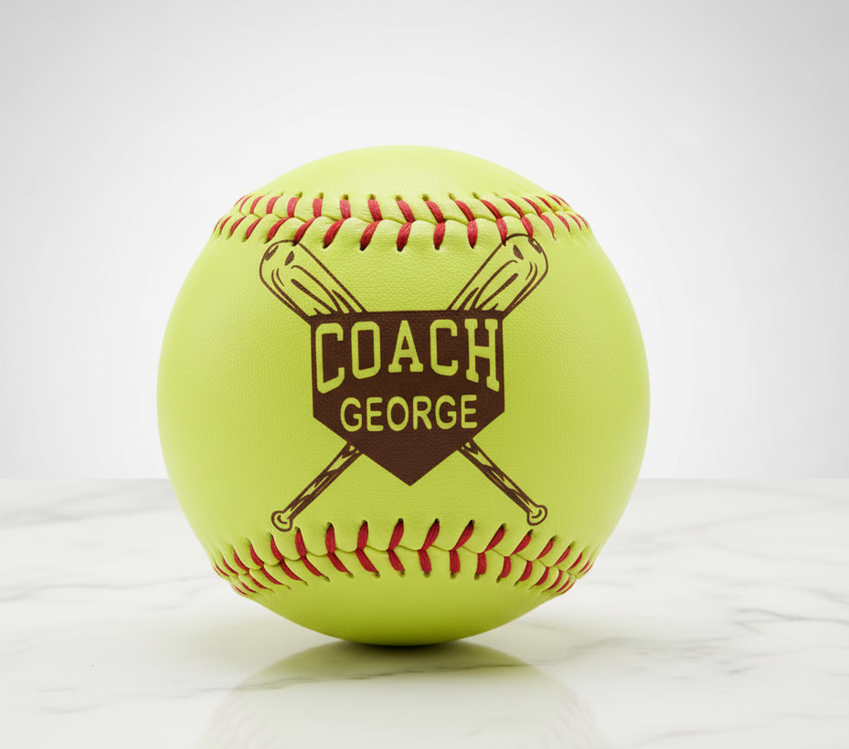 Neon yellow regulation 12-inch softball with red and gold stitching, laser-engraved with crossed bats, shield, and sample name "COACH GEORGE