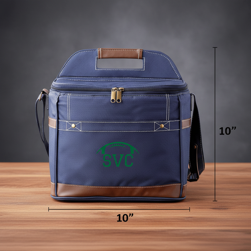 Personalized game day tailgate cooler in premium canvas with faux leather accents, embroidered with up to 3 initials, with an attached bottle opener and shoulder strap