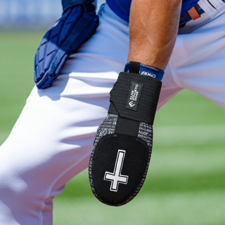 Black sliding mitt with awhite cross worn by a baseball player on a field