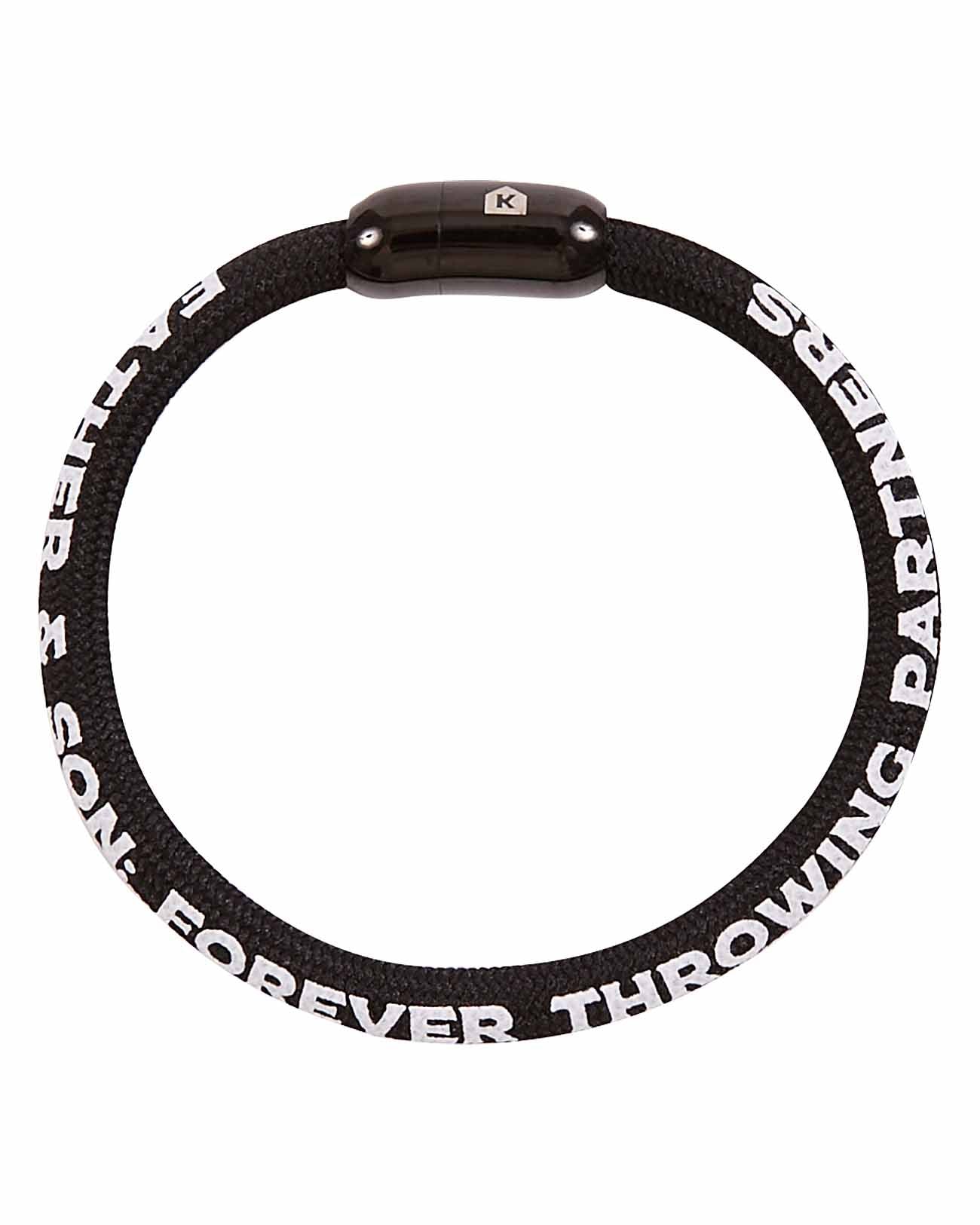 Black nylon bracelet with white screen-printed text reading "Forever Throwing Partners" and "Father & Daughter," featuring a dark magnetic closure at the top