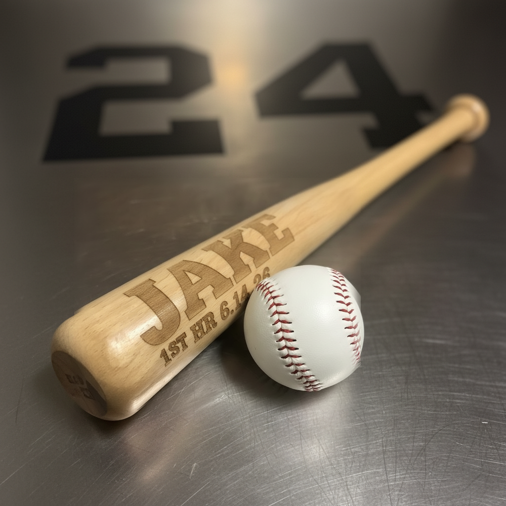 Solid wood mini baseball bat laser engraved with sample name JAKE and the milestone line 1ST HR 6.14.26, shown beside a baseball on brushed steel
