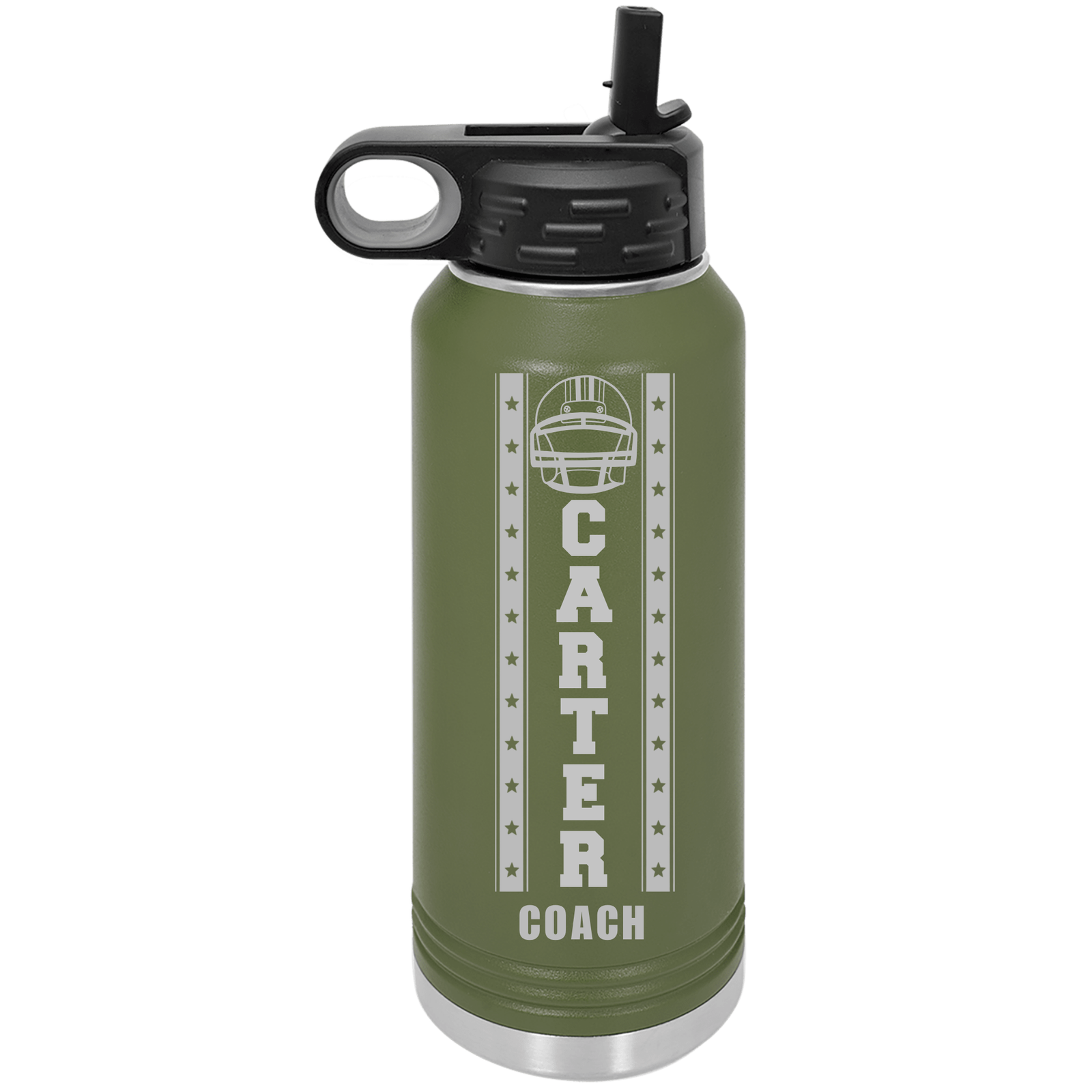 Olive green engraved football coach water bottle with a laser football helmet graphic, coach name down the middle and Coach subtitle on 32oz insulated steel.
