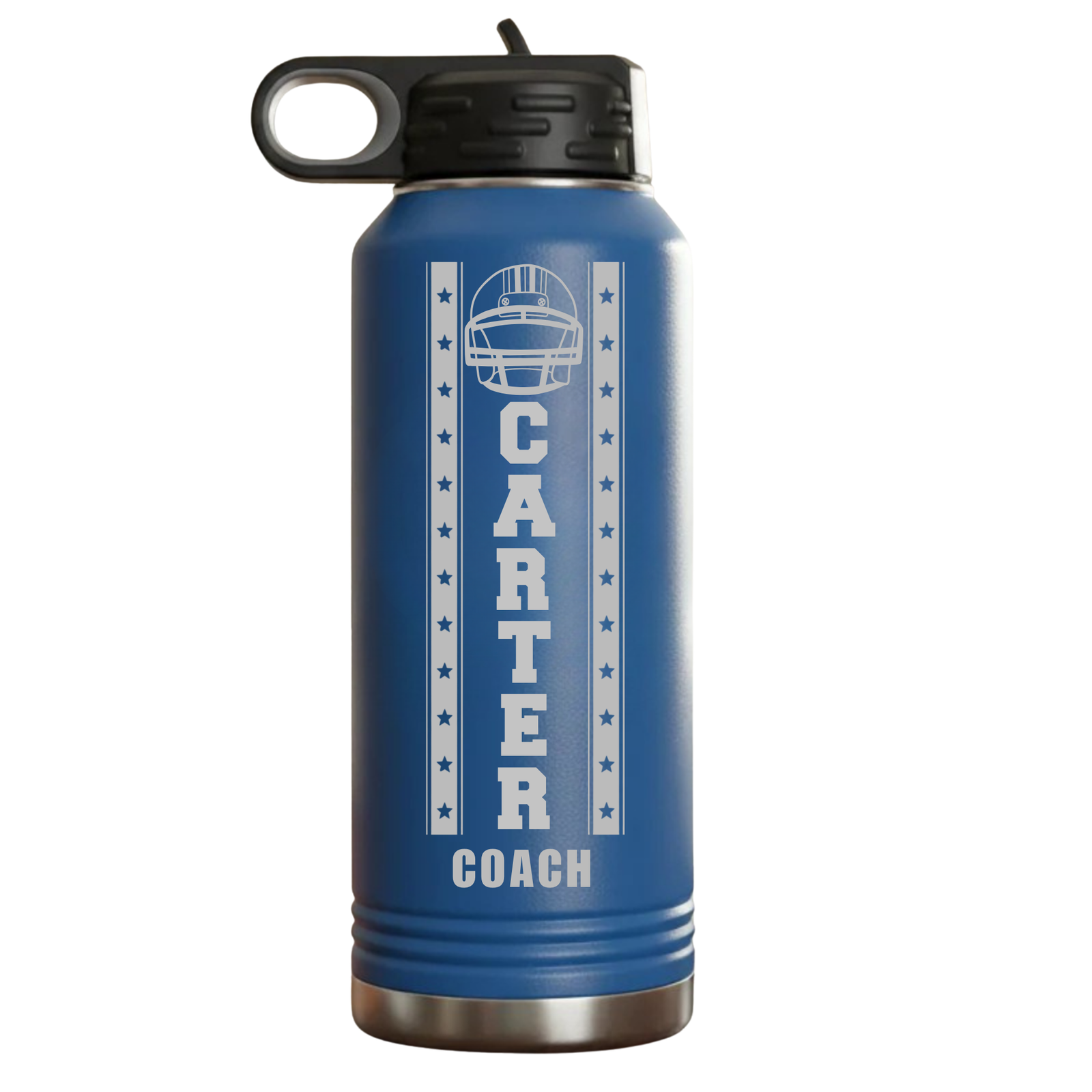 Personalized football coach water bottle in royal blue, laser engraved with the name Carter and Coach inside a star-bordered football helmet design.