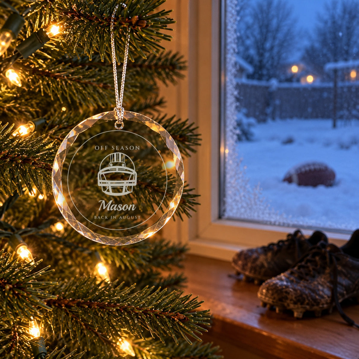 Football Christmas ornament engraved OFF SEASON, Mason, BACK IN AUGUST by a snowy window with a football in the yard and cleats on the sill
