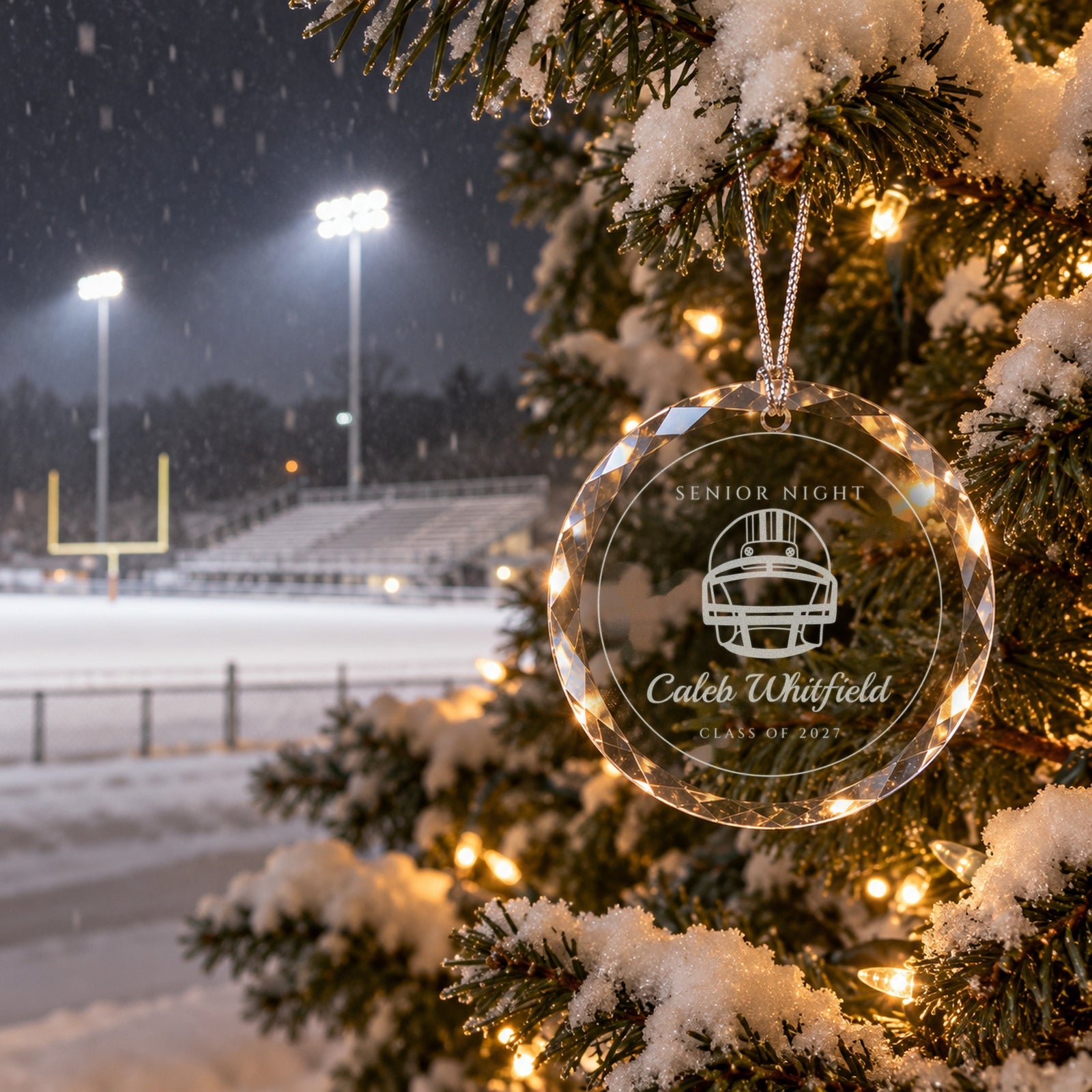 Football senior night ornament engraved SENIOR NIGHT, Caleb Whitfield, CLASS OF 2027 on a snowy evergreen beside a football field under the lights