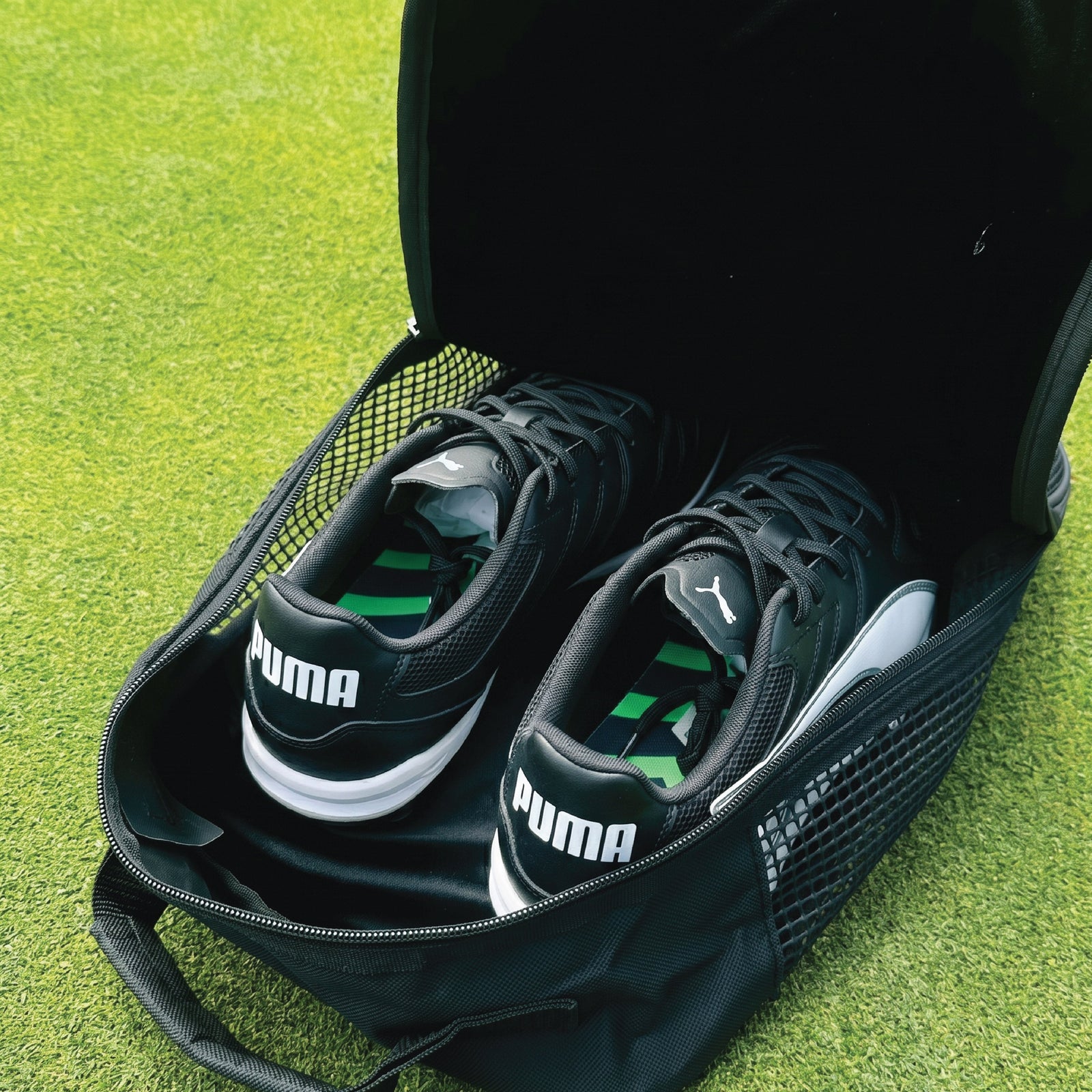 Black golf shoe bag with mesh ventilation holding a pair of black and white athletic sneakers on bright green turf.