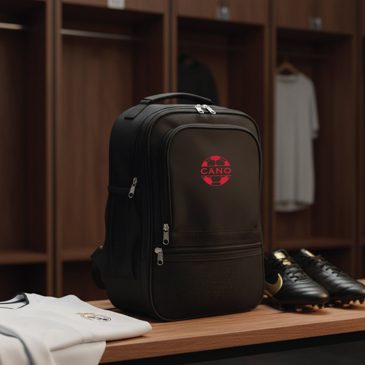 Black backpack with red CANO soccer ball logo displayed on wooden shelf next to white shirt and black cleats in locker room setting