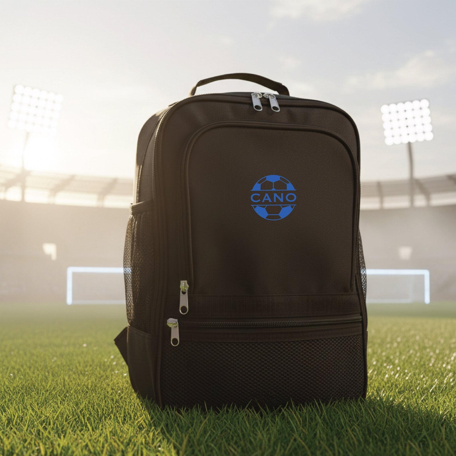 Black backpack with blue soccer ball emblem and sample name "CANO" engraved on front, positioned on soccer field with stadium in background