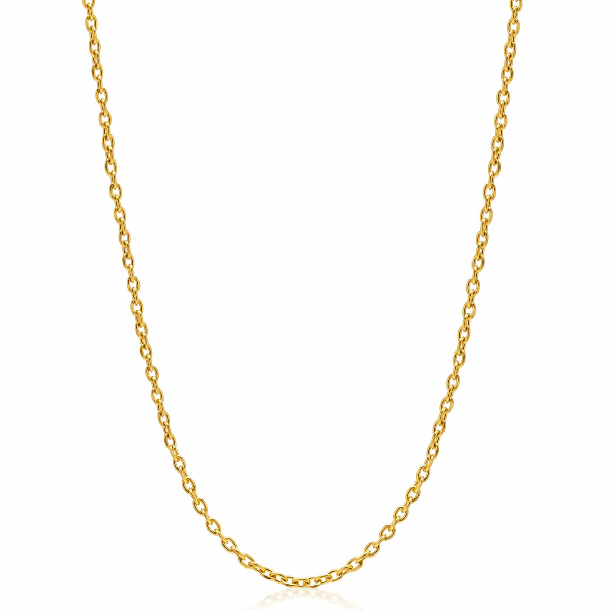 Gold-tone stainless steel cable chain necklace displayed at full length against a white background