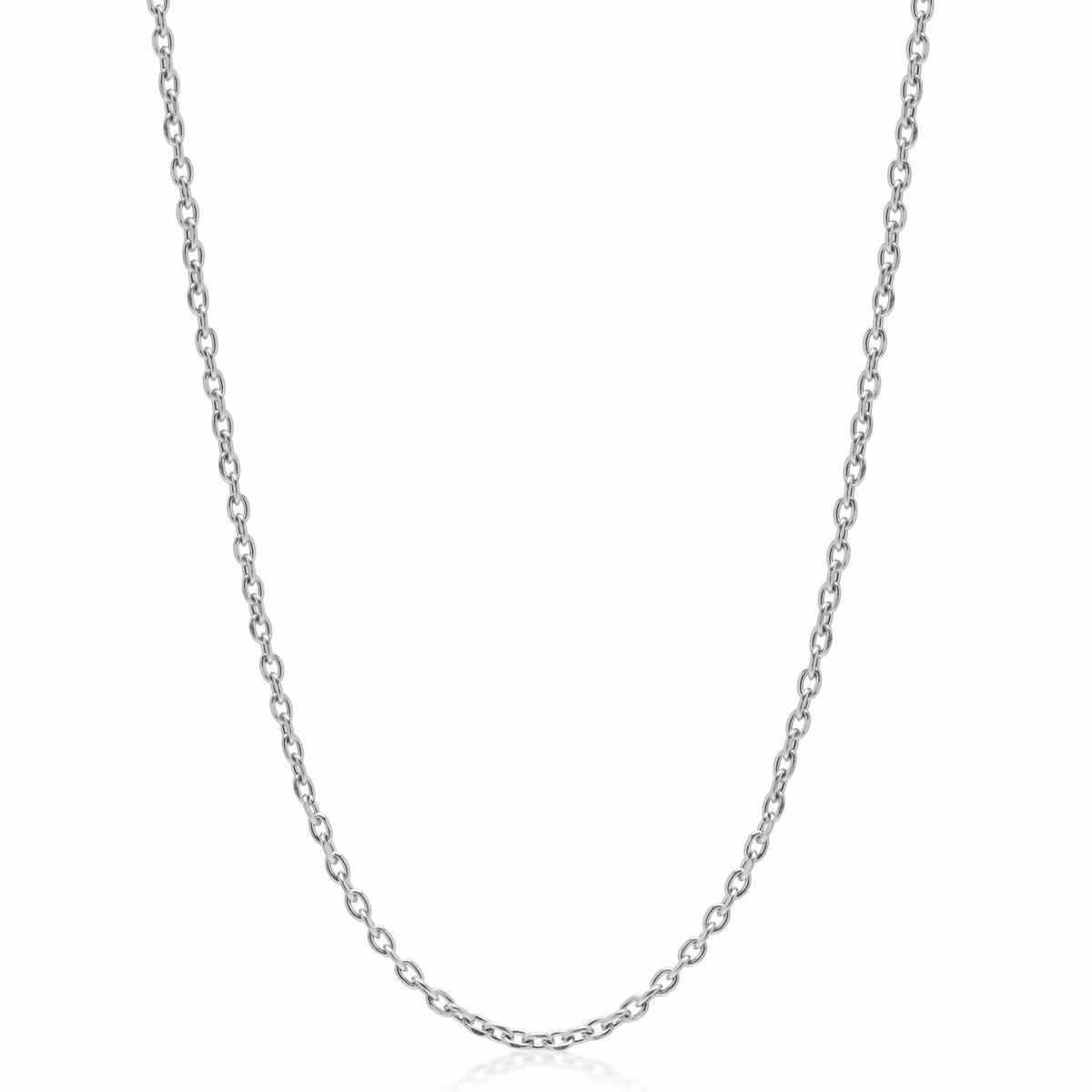 Stainless steel cable chain necklace displayed against white background, showing full length and uniform link construction