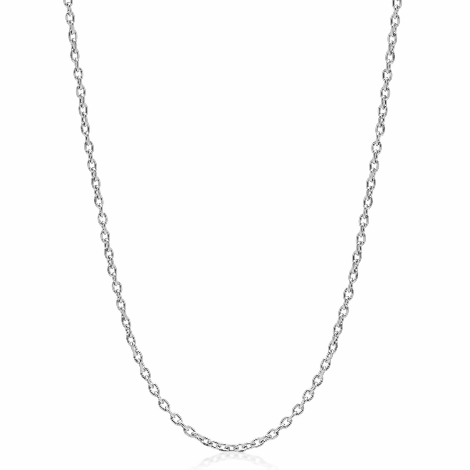 Stainless steel cable chain necklace displayed against white background, showing full length and uniform link construction