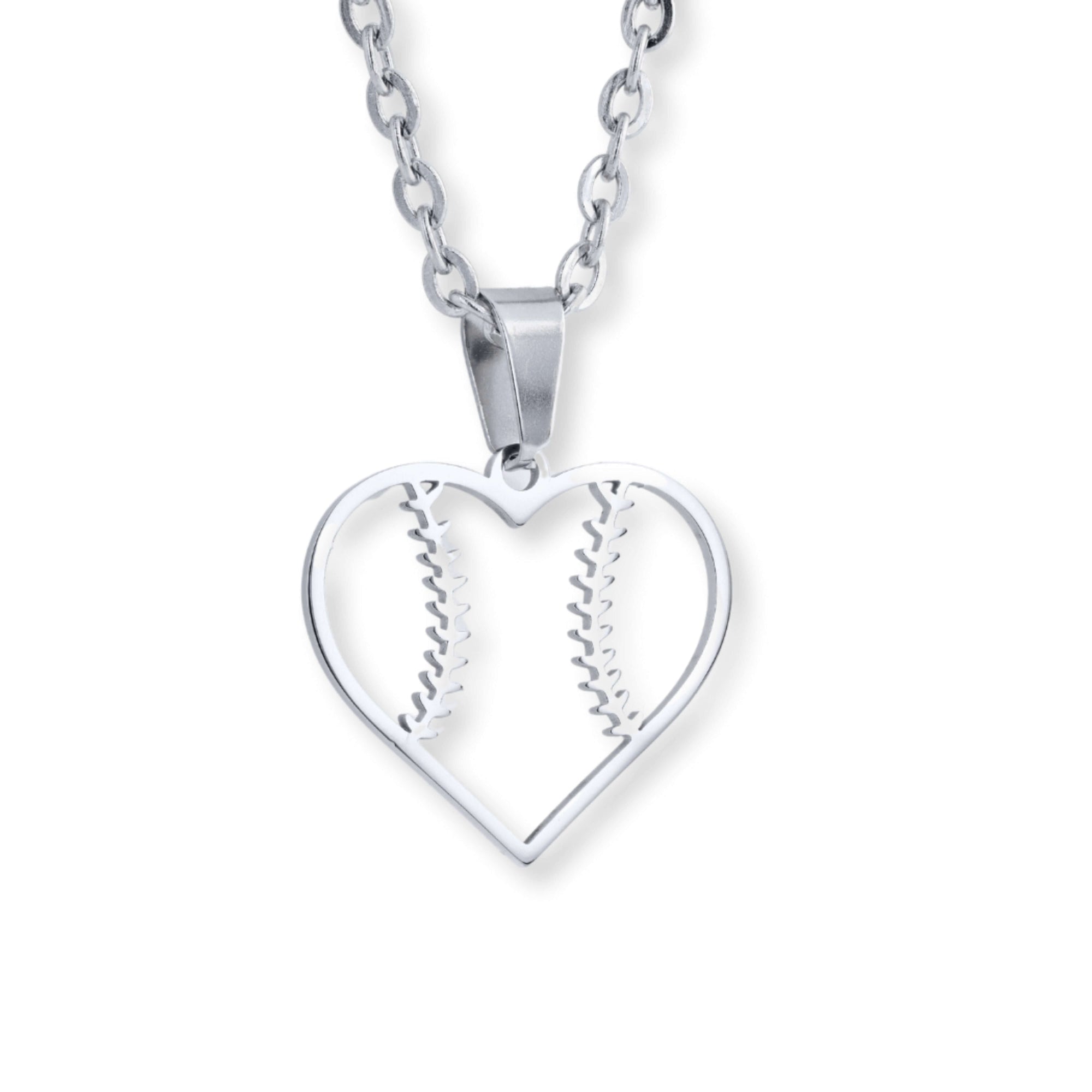 Stainless steel heart-shaped softball necklace with red seam detail on chain