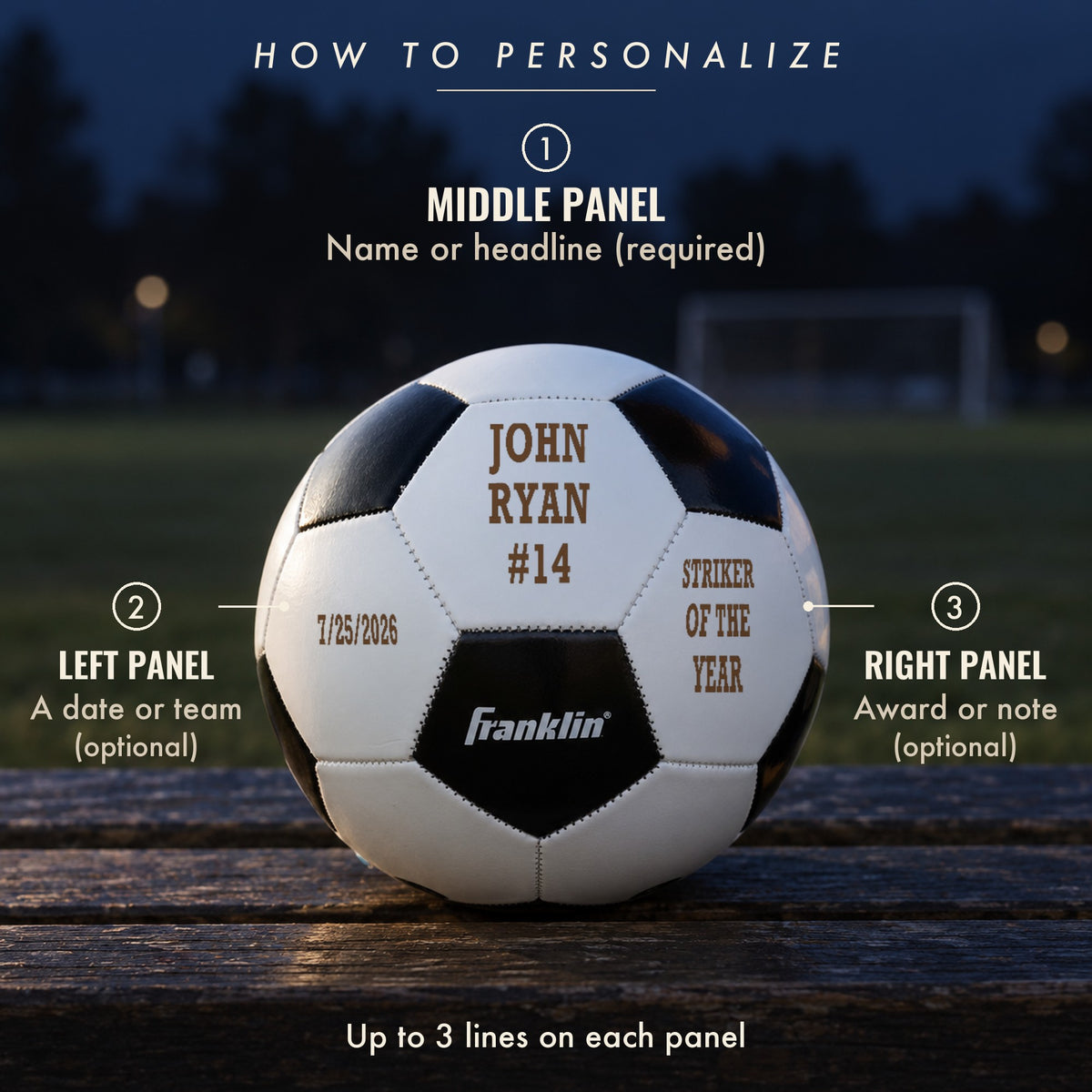 How to personalize a soccer ball with a name: the name or headline on the middle panel, a date or team on the left, an award or note on the right