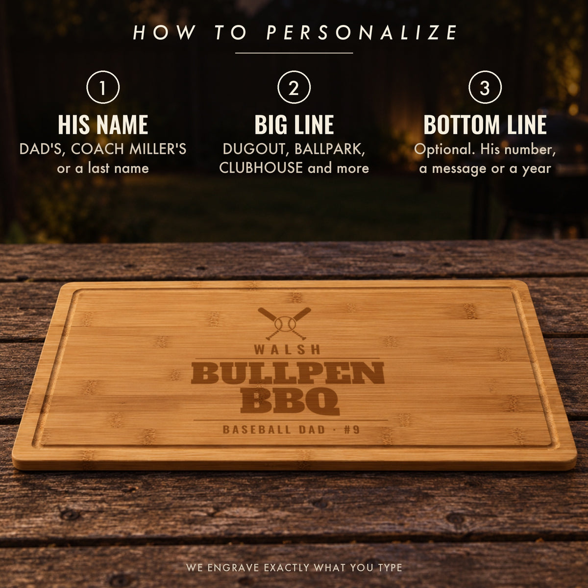 How to personalize the baseball dad cutting board: his name like WALSH, a big line like BULLPEN BBQ, and an optional line like BASEBALL DAD #9