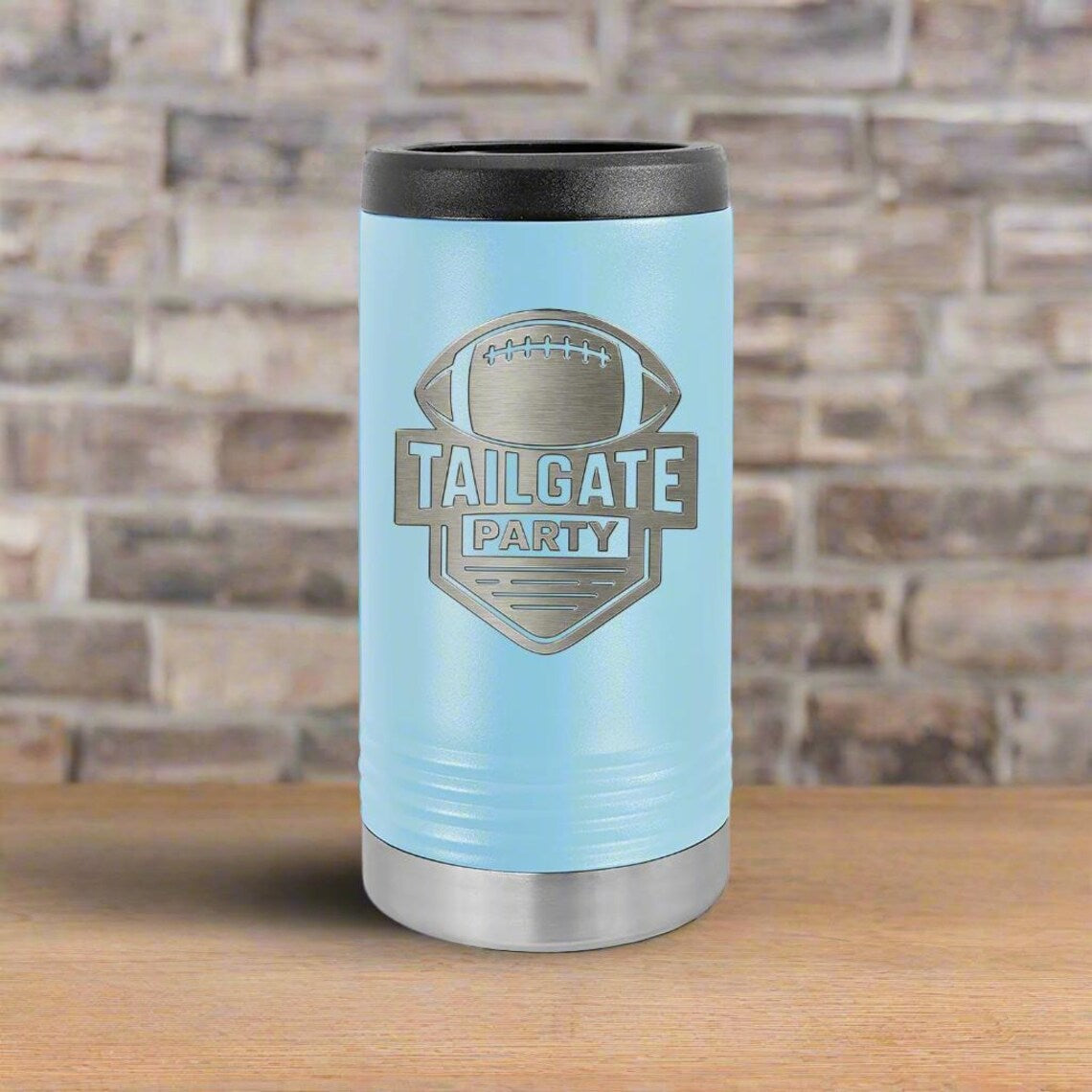 Personalized football can cooler engraved with a tailgate football design, an insulated sleeve that keeps drinks cold from kickoff to overtime