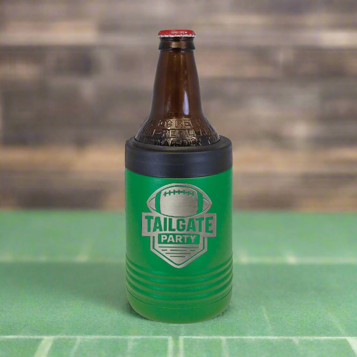 Personalized football can cooler engraved with a tailgate football design, an insulated sleeve that keeps drinks cold from kickoff to overtime
