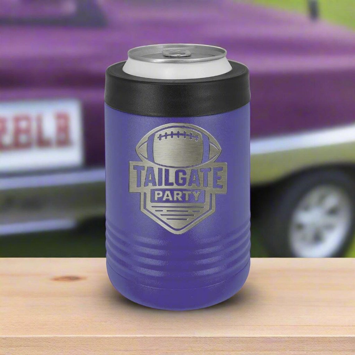 Personalized football can cooler engraved with a tailgate football design, an insulated sleeve that keeps drinks cold from kickoff to overtime