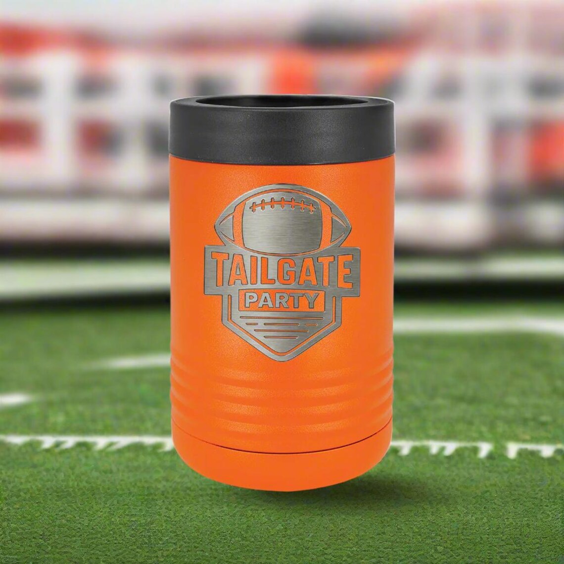 Personalized football can cooler engraved with a tailgate football design, an insulated sleeve that keeps drinks cold from kickoff to overtime