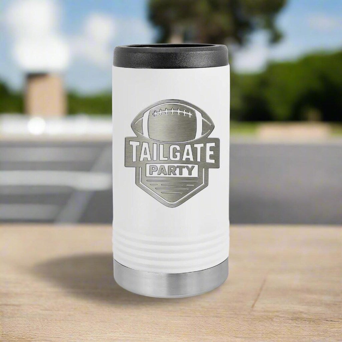 Personalized football can cooler engraved with a tailgate football design, an insulated sleeve that keeps drinks cold from kickoff to overtime
