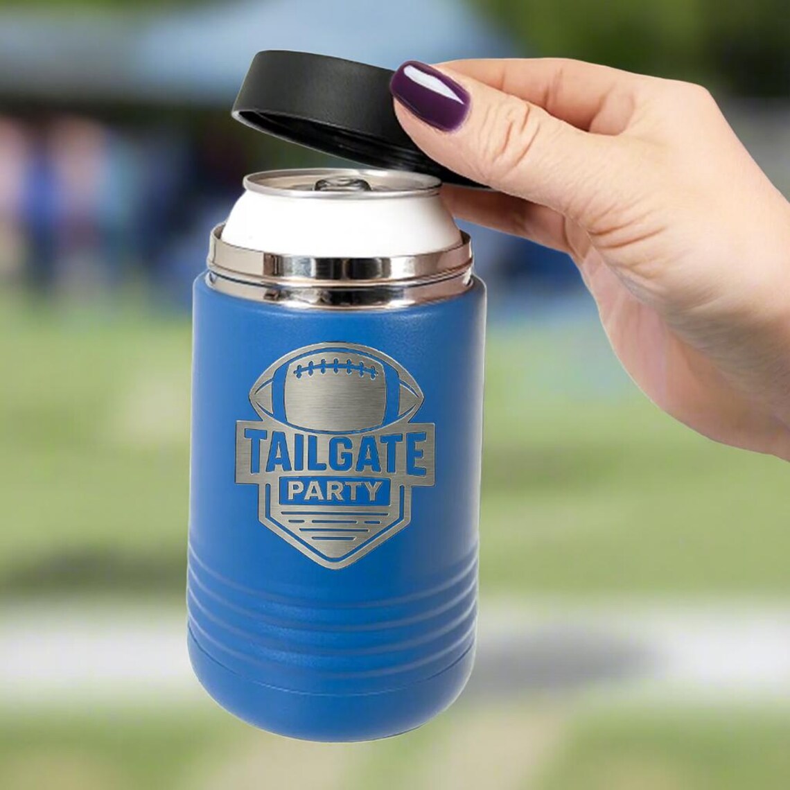 Personalized football can cooler engraved with a tailgate football design, an insulated sleeve that keeps drinks cold from kickoff to overtime