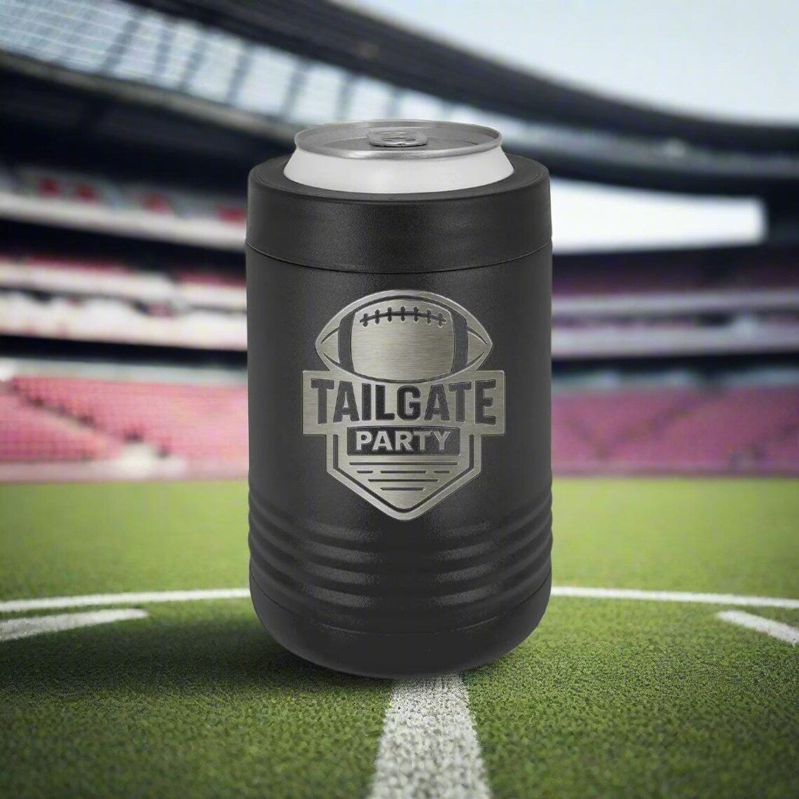 Personalized football can cooler engraved with a tailgate football design, an insulated sleeve that keeps drinks cold from kickoff to overtime