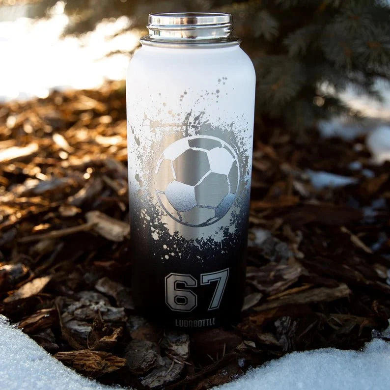 Soccer Ball Engraved Water Bottle detail showing engraved soccer ball design