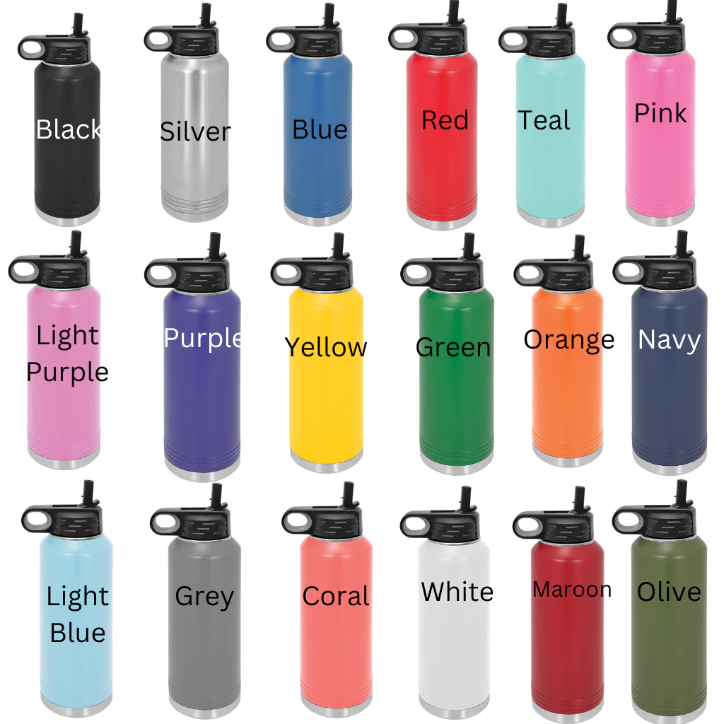 Collection of 18 insulated water bottles in various colors including black, silver, blue, red, teal, pink, purple, yellow, green, orange, navy, light blue, grey, coral, white, maroon, and olive, each with black flip-top lid