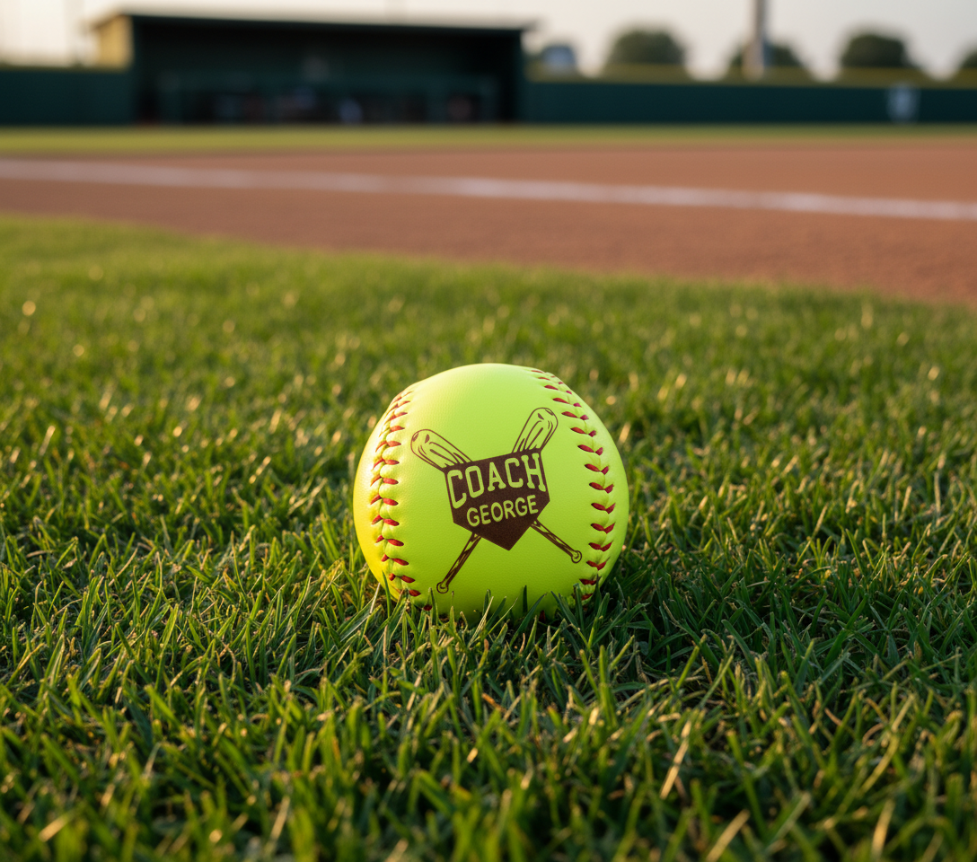 Bright yellow-green softball on grass field displaying laser-engraved sample design with crossed bats, shield, text reading "COACH" and sample name "GEORGE