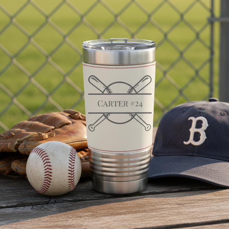 Stainless steel tumbler with baseball-themed design, baseball glove, ball, and cap on a wooden surface with a chain-link fence background.