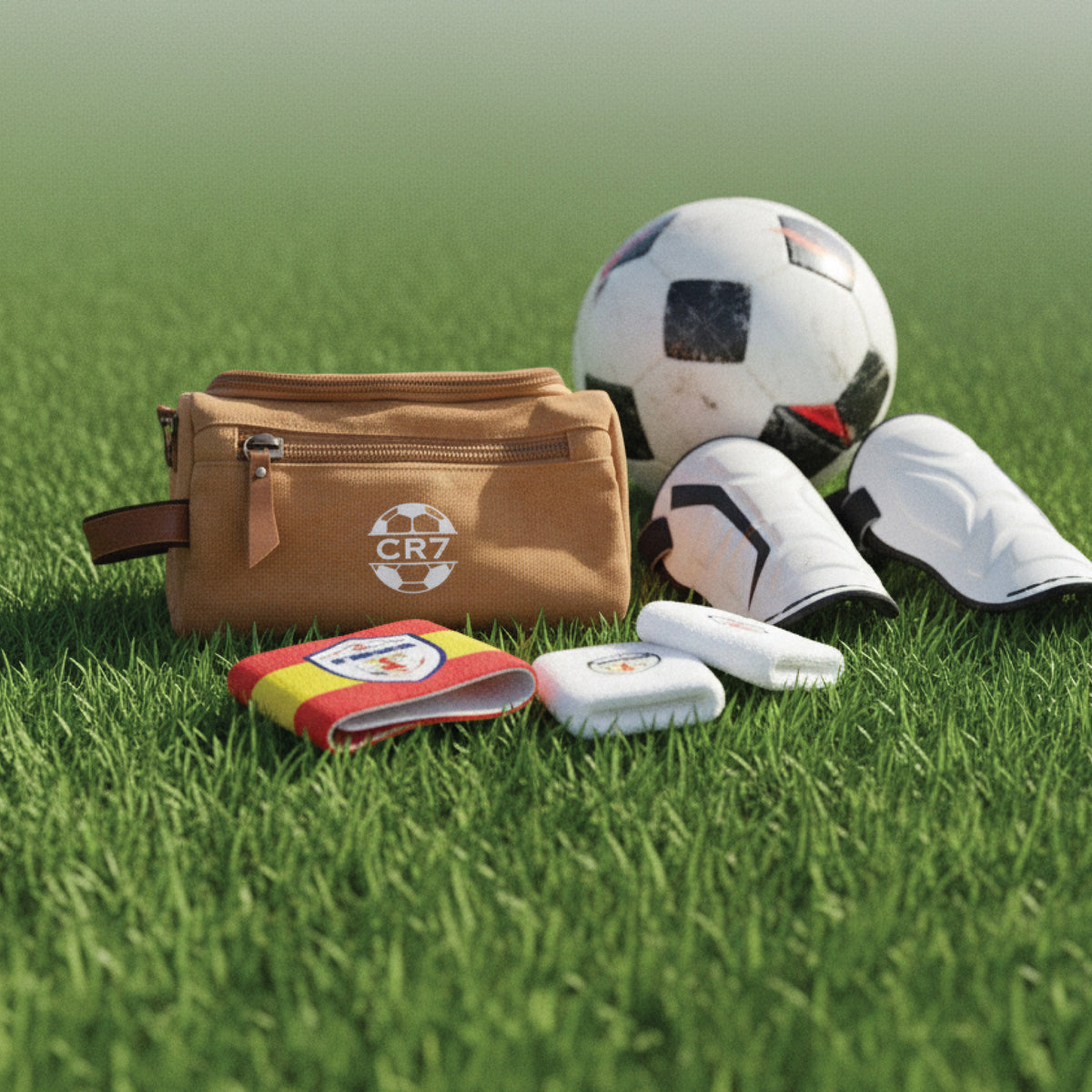Personalized soccer toiletry bag in washed canvas with a leather handle and an embroidered soccer ball with custom initials, built for road games and college