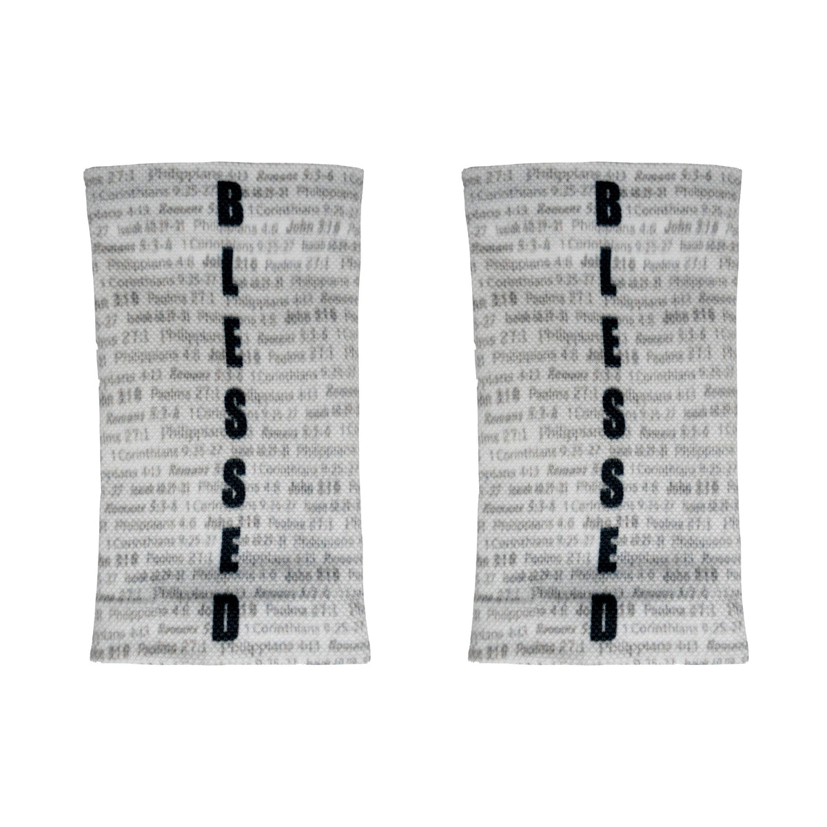 Pair of light gray wrist support sleeves with black embroidered text reading "BLESSED" vertically down the front, displayed flat against white background.