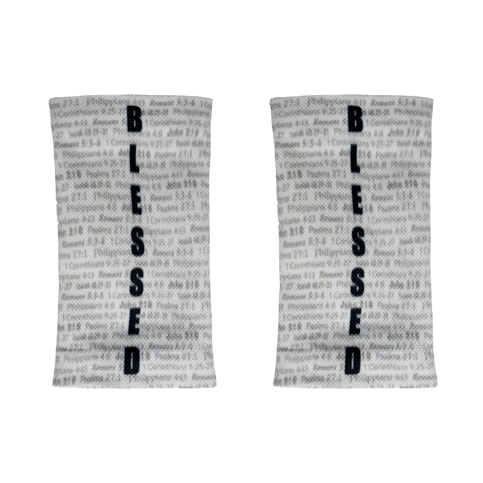 Pair of light gray wrist support sleeves with black embroidered text reading "BLESSED" vertically down the front, displayed flat against white background.