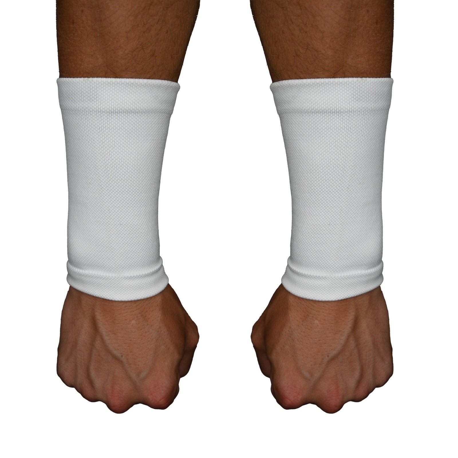 Pair of white wrist support sleeves worn on the wrists and lower forearms, showing the mesh compression fabric and snug fit around the wrist joint.