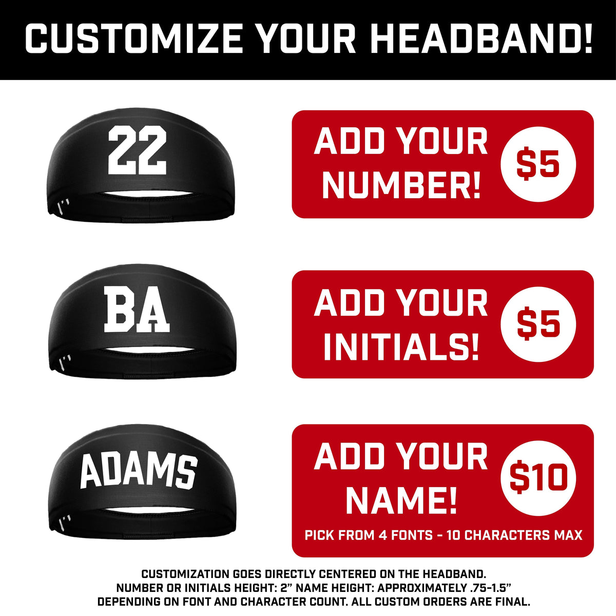 Preview showing customization options for black headband with sample number 22, initials BA, and name ADAMS printed on front surface