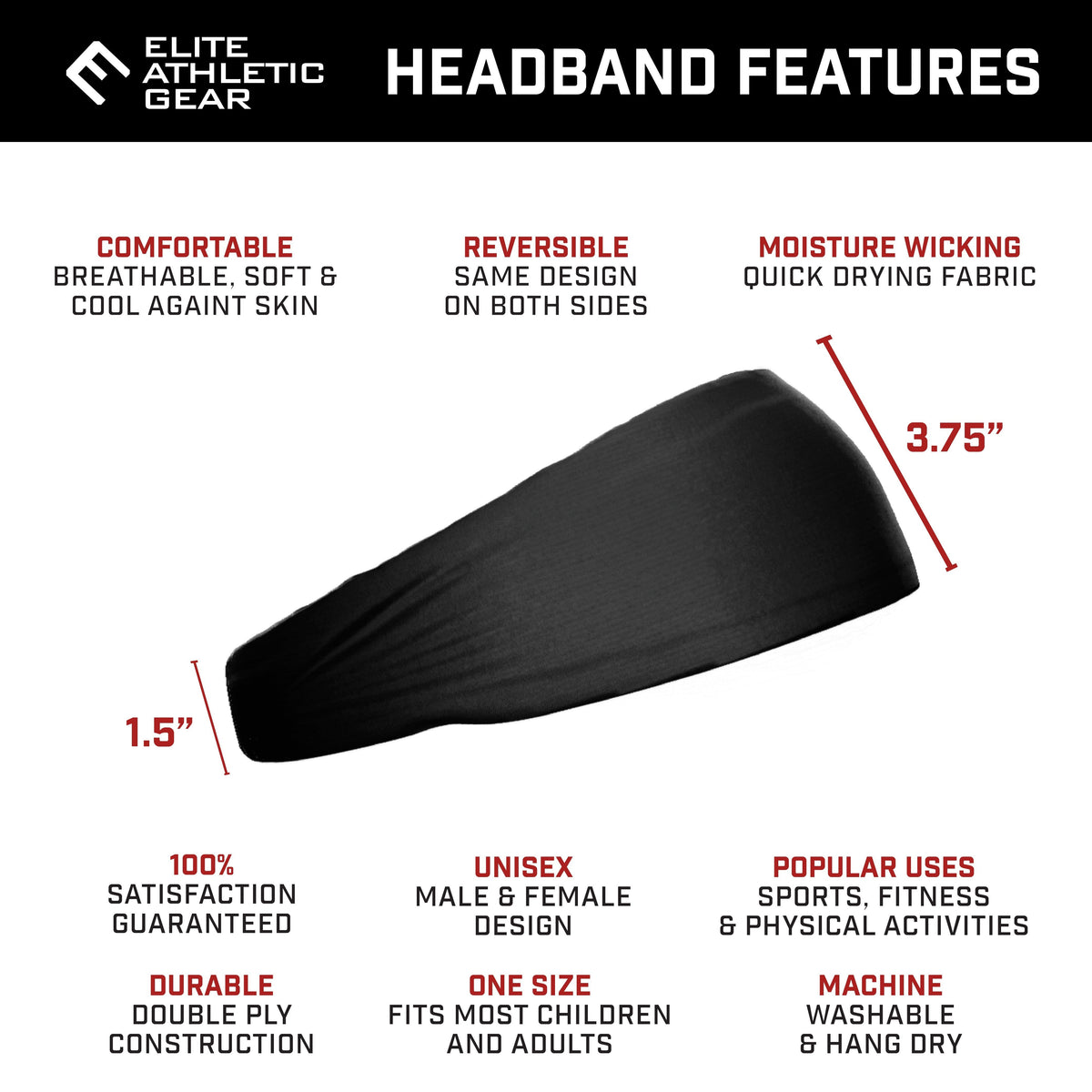Black athletic headband displayed at angle showing 3.75 inch width and 1.5 inch depth with feature callouts for breathable fabric, reversible design, and moisture-wicking material