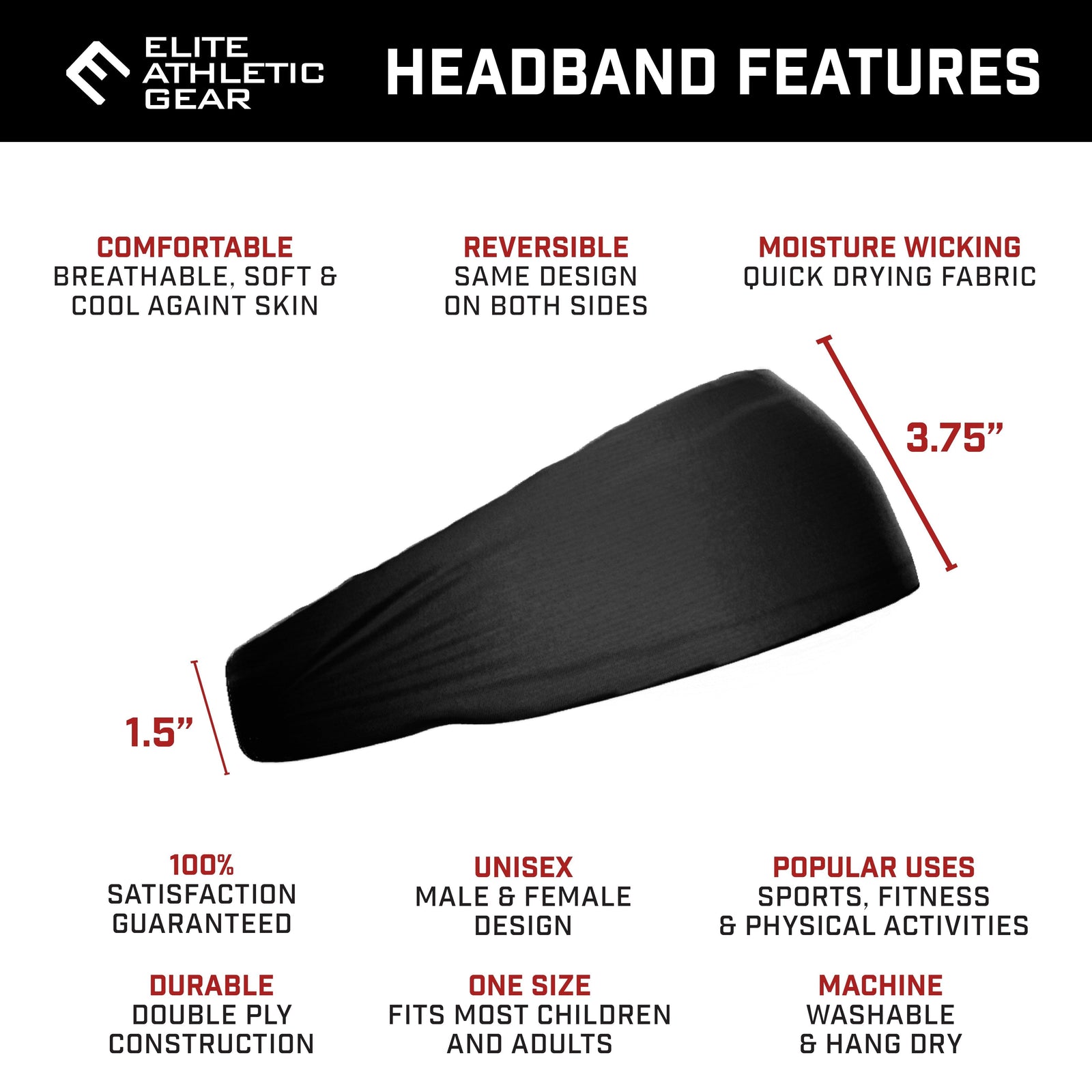 Black athletic headband displayed at angle showing 3.75 inch width and 1.5 inch depth with feature callouts for breathable fabric, reversible design, and moisture-wicking material