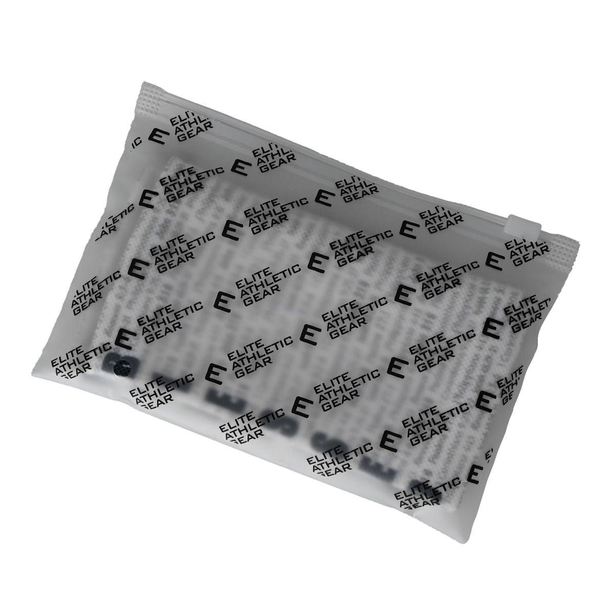 White wrist support sleeve packaging with repeated "Elite Athletic Gear" branding and logo pattern printed across surface