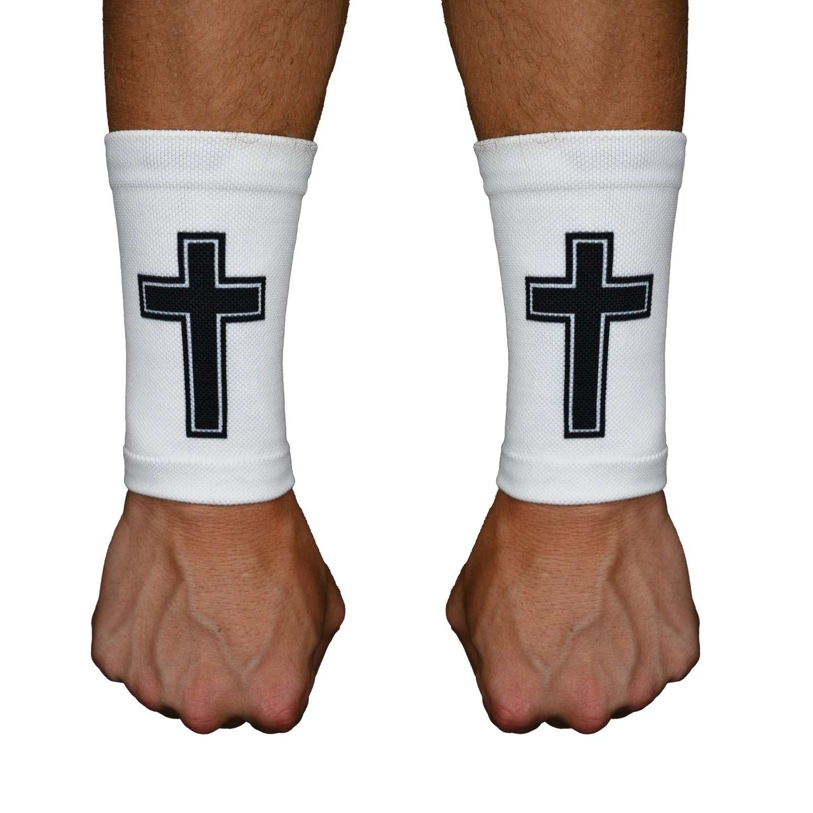 Pair of white wrist support sleeves with black embroidered cross design, shown on model's wrists and hands from behind.