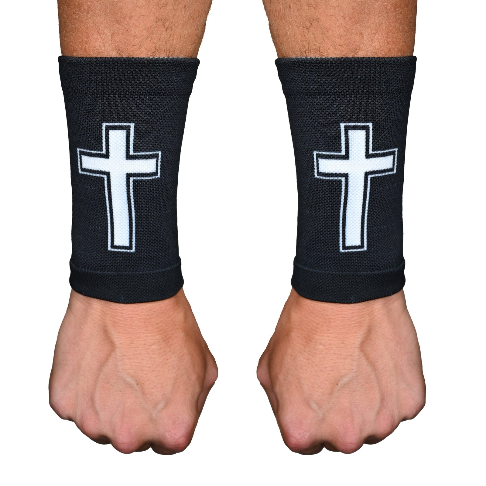 Black wrist support sleeves with white embroidered cross design, shown on both wrists from front view