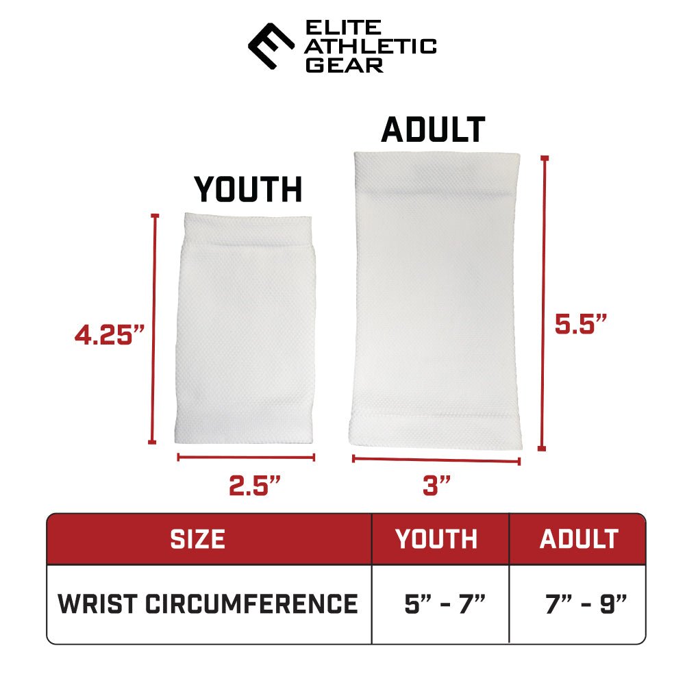 Size comparison chart showing youth and adult wrist support sleeves with measurements: youth 4.25 inches long by 2.5 inches wide, adult 5.5 inches long by 3 inches wide