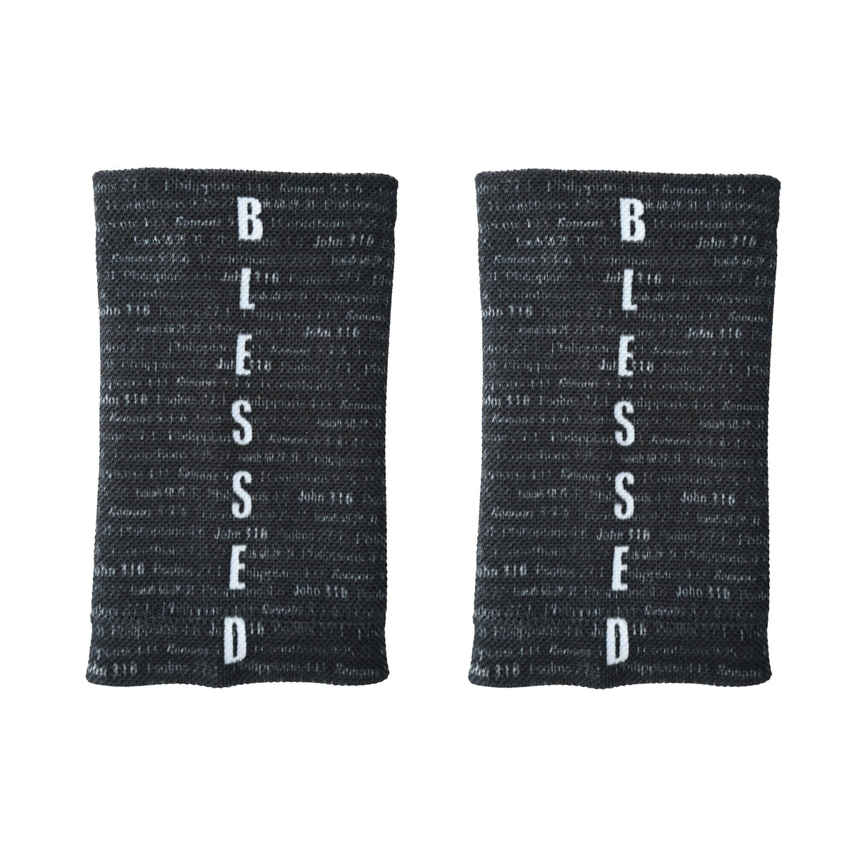 Pair of black wrist support sleeves with white "BLESSED" text printed vertically down the front and small scripture references scattered across the fabric background.