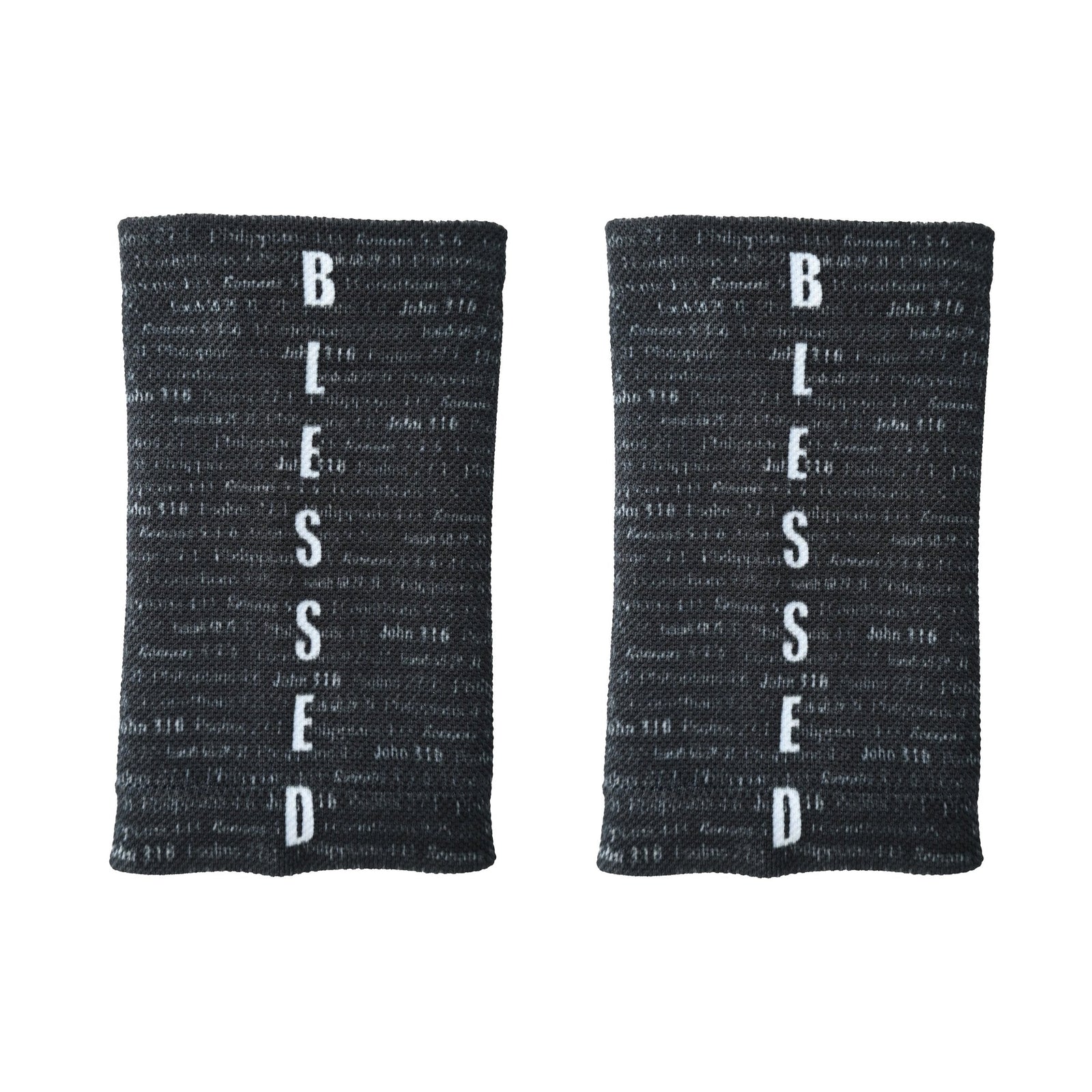 Pair of black wrist support sleeves with white "BLESSED" text printed vertically down the front and small scripture references scattered across the fabric background.