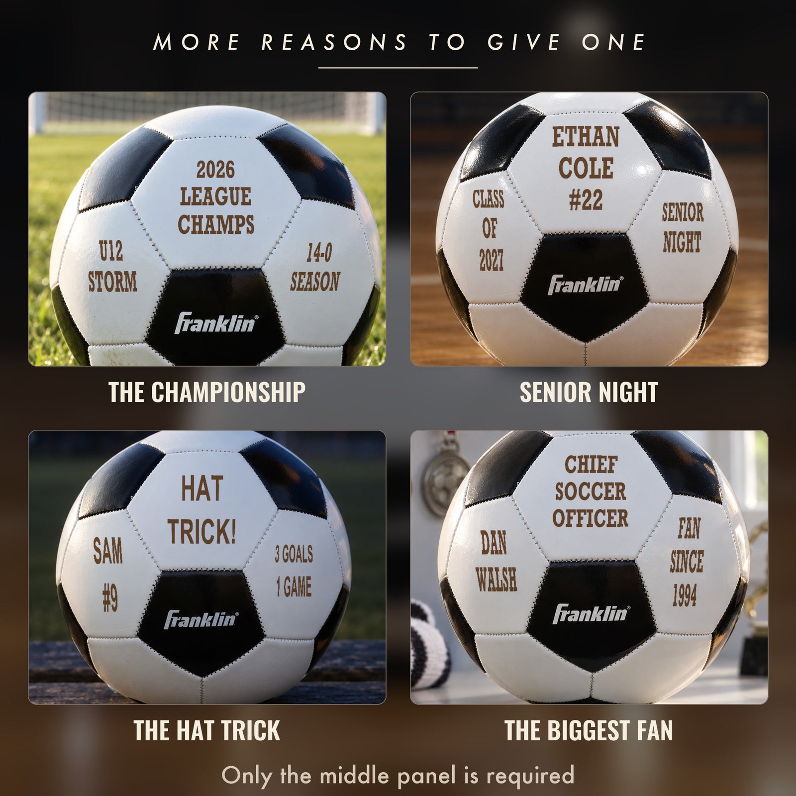 Personalized soccer ball gift ideas: a league championship, senior night, a hat trick, and a Chief Soccer Officer ball for a grown-up fan