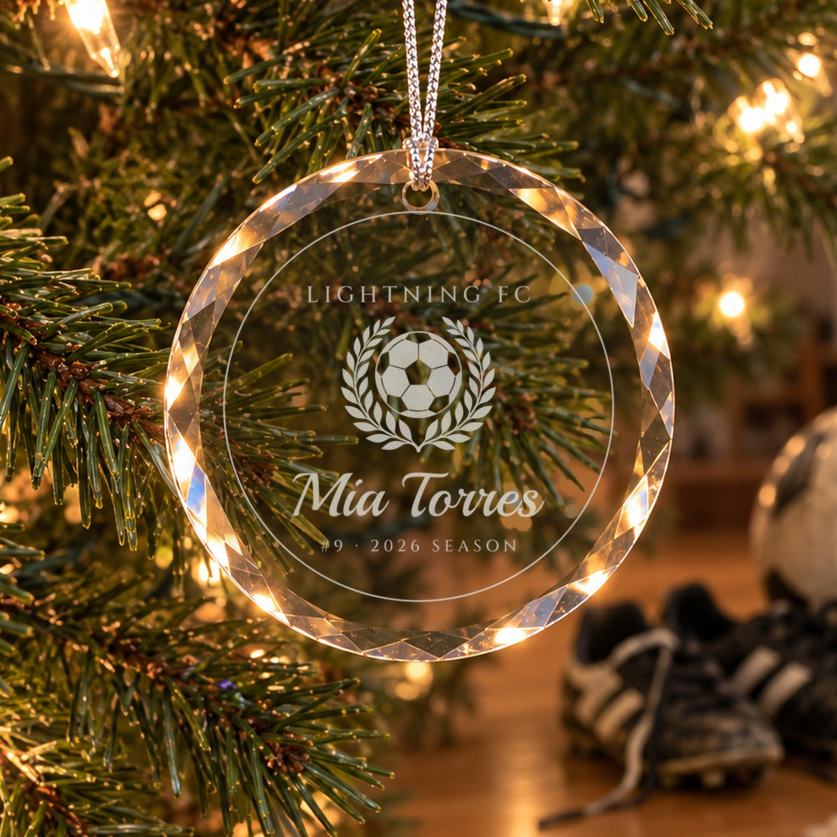 Personalized soccer ornament in faceted glass on a Christmas tree, engraved with a soccer ball in a laurel wreath, LIGHTNING FC, Mia Torres, #9 · 2026 SEASON